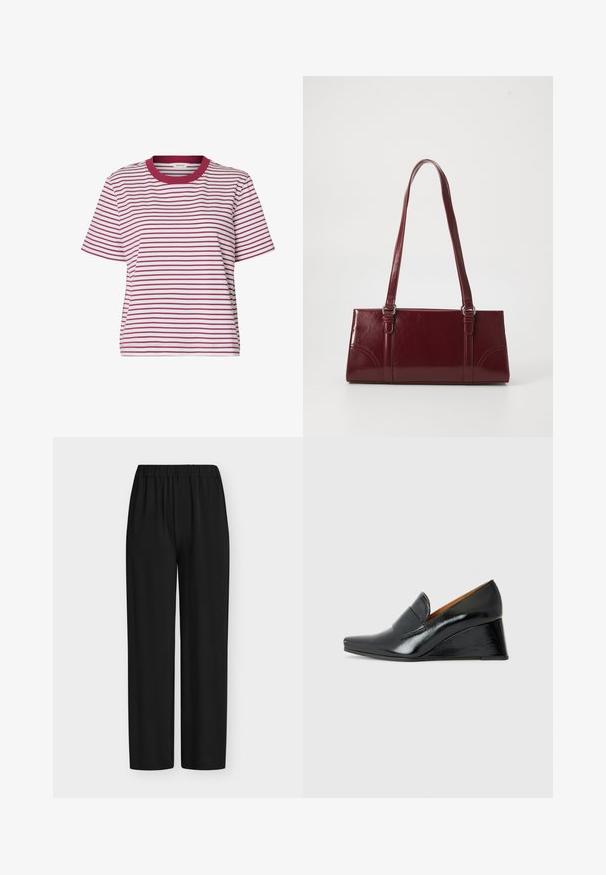 T-shirt blanc à manches courtes avec fines rayures horizontales rouges et un col rond rouge uni.; Pantalon noir avec taille élastique, coupe droite, fabriqué en tissu lisse, présenté à plat sur un fond blanc.; Chie Mihara VECINO - Escarpins compensés - black; Sac à main bordeaux en matériau brillant, de forme rectangulaire, avec deux anses et des accents légèrement courbés à l'avant.