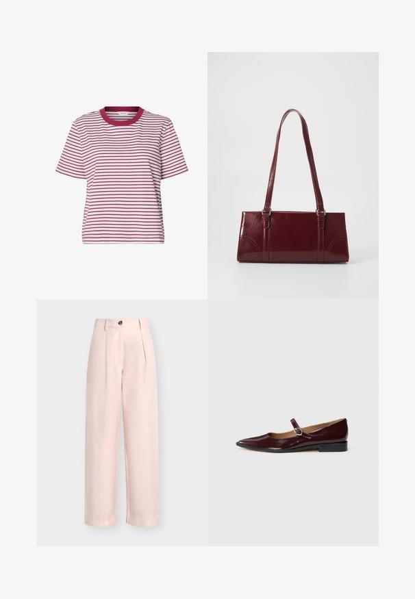 T-shirt blanc à manches courtes avec fines rayures horizontales rouges et un col rond rouge uni.; Pantalon taille haute rose clair à jambes larges avec plis sur le devant, passants pour ceinture et fermeture par un bouton marron.; Ballerines en cuir verni bordeaux de type Mary Jane avec un bout pointu, un talon plat et une sangle décorative avec une boucle circulaire.; Sac à main bordeaux en matériau brillant, de forme rectangulaire, avec deux anses et des accents légèrement courbés à l'avant.