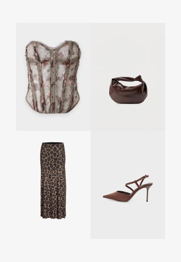 Blomsterpræget transparent korset i afdæmpet olivengrøn med strukturerede paneler og rå kanter, en sweetheart-udskæring og detaljeret syning.; Leopardprint nederdel i brune og sorte nuancer, med et flydende design og en subtil flæsekant, fremstillet af et let og blødt stof.; Brun spids højhælet sko med slanke ankelremme og en lille spænde på en lys baggrund.; Mørkebrun læder skuldertaske med en blød, afslappet form og et snoet knudehåndtag på en ensartet hvid baggrund.