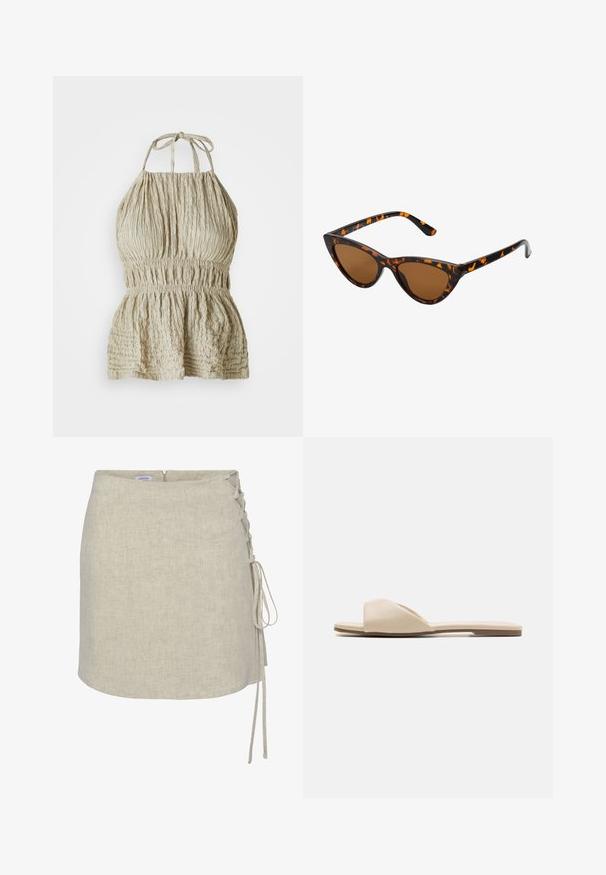 Lys beige halterneck-top i struktureret stof, med en samlet bustier og elastisk talje, stylet til et afslappet, uformelt look.; Beige linnedraperet nederdel med en snørredetalje på venstre side, lige snit og lynlås i ryggen. Glat, tekstureret stof.; Flade sandaler i blødt beige materiale, med åben tå design, glat struktur og minimalistisk form med en lysbrun sål.; Kat-ejede solbriller med en sort og orange skildpaddemønstret stel, brune linser og slanke, spidse ender. Har et minimalistisk logo på skabelsen.