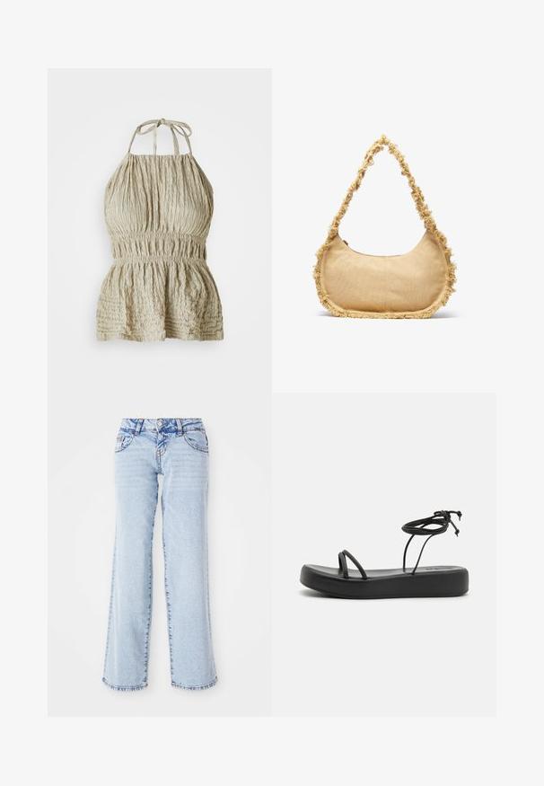Helles beige Halftertop aus strukturiertem Stoff, mit gerafftem Oberteil und elastischem Bund, lässig und entspannt gestylt.; Helle blaue Denim-Jeans mit lockerer Passform, geraden Beinen und subtiler Ausbleichung. Verfügt über fünf Taschen und Gürtelschlaufen. Ausgefranster Saum. Coaches; Schwarze flache Sandalen mit einer breiten Sohle, dünnen Riemen und einer verstellbaren Schnürung am Knöchel. Glatte Textur mit minimalistischer Gestaltung.; Texturierte beige Tasche mit runder Form, ausgefranstem Rand entlang der Kanten und einem kurzen Tragegriff. Mit einem Reißverschluss oben.