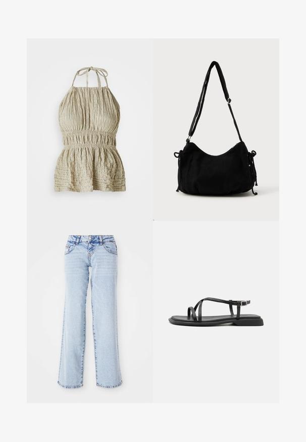 Lys beige halterneck-top i struktureret stof, med en samlet bustier og elastisk talje, stylet til et afslappet, uformelt look.; Lyseblå denimjeans med en afslappet pasform, lige ben og subtilt slid. Har fem lommer og bæltestropper. Distressed kantdetalje.; Sorte flade sandaler med tynde justerbare stropper, rektangulær tåpost og en struktureret mat finish. Har en lav, let firkantet hæl.; Sort kordfløjls skuldertaske med en buet form, justerbar strop og snorelukninger på begge sider til størrelsejustering.