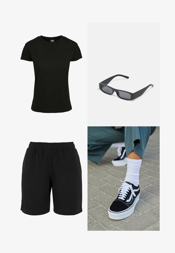 Zwarte t-shirt met korte mouwen, gemaakt van katoen. Heeft een ronde hals en een standaard pasvorm met een gladde textuur. Geen zichtbare patronen of accenten.; Zwarte katoenen shorts met een elastische tailleband, met een gladde textuur en een eenvoudige snit. Geen zakken of versieringen zichtbaar.; Zwarte suède sneaker met witte accenten en veters, uitgerust met een dikke witte zool en contrasterende stiksels, gecombineerd met een witte sok.; Zwarte rechthoekige zonnebril met donkere lenzen en dikke matte monturen. De zijstukken zijn licht taps toelopend met een gladde textuur.