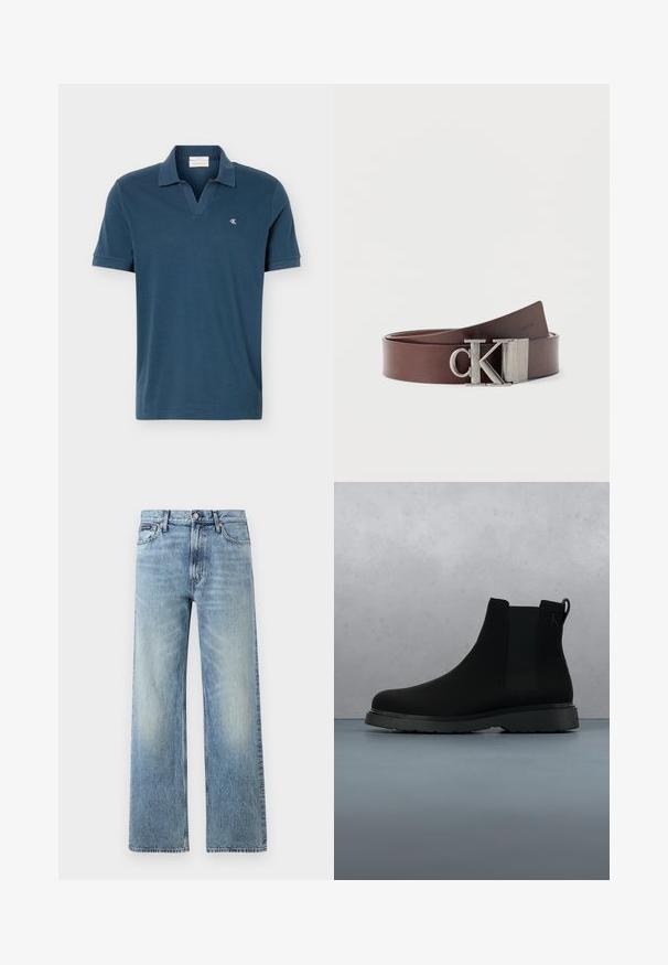 Polo bleu à manches courtes avec col, ouverture en V et petit logo blanc "cK" sur la poitrine gauche.; Jean droit en denim bleu clair avec taille haute, cinq poches, fermeture à boutons et léger délavage sur les cuisses et les genoux.; Bottine noire en matériau lisse avec des coutures subtiles, une semelle en caoutchouc et un design épuré, positionnée au-dessus d'une surface à texture bois.; Ceinture en cuir brun enroulée avec une boucle métallique "CK" logo, design minimaliste sur fond blanc uni.