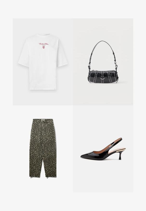 T-shirt blanc surdimensionné à manches courtes avec texte rouge « Calvin Klein New York EST 1968 » et petit logo en forme de bouclier sur la poitrine.; Pantalon en denim à imprimé léopard avec taille haute, coupe droite et style cinq poches, fermeture par bouton en métal.; Escarpin slingback en cuir verni noir avec bout pointu et petit talon kitten sur fond blanc uni.; Sac d'épaule en cuir verni noir orné de clous argentés disposés en rangées verticales et d'un petit emblème d'oiseau argenté au centre devant.