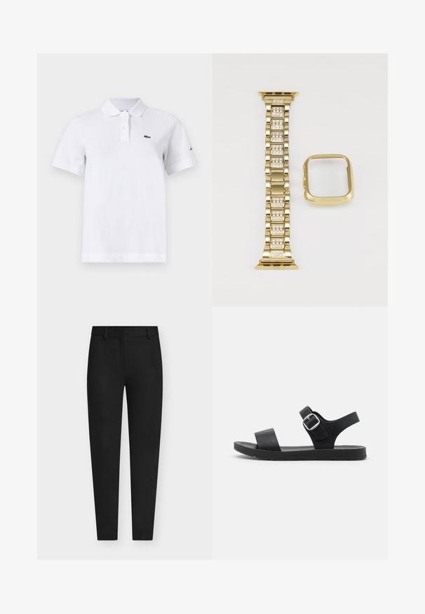 Camiseta polo blanca de manga corta con dos botones, un pequeño logotipo verde de cocodrilo en el pecho izquierdo y un sutil logotipo negro en la manga izquierda.; Pantalones negros a medida con frente plano y trabillas para cinturón, con una textura suave y diseño de pierna recta. Sin adornos visibles.; Sandalia negra con suela plana, hebilla ajustable, dos correas anchas y textura suave, diseñada para la comodidad y facilidad de uso.; Pulsera de reloj metálica dorada con acentos de piedras de imitación y una caja de reloj rectangular. Diseño enlazado con acabado suave y superficie pulida.