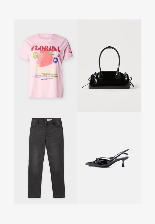 Hellrosa T-Shirt mit großem Erdbeer-Design und Text: "Florida", "Frische Erdbeeren, süß und lecker serviert" und "Seit 1974".; Schwarze Jeans mit geradem Bein, Knopf- und Reißverschluss, Vorder- und Gesäßtaschen und dezenter Ausbleichung an den Oberschenkeln, flach auf weißem Hintergrund ausgelegt.; Schwarzer Slingback-Pumps aus Lackleder mit spitzer Zehenpartie, niedrigem Kitten-Heel und dekorativer, geknoteter Schleife vorne.; Kleine schwarze glänzende Handtasche mit zwei langen Griffen und seitlichen Kordelzug-Details vor einfachem hellem Hintergrund.