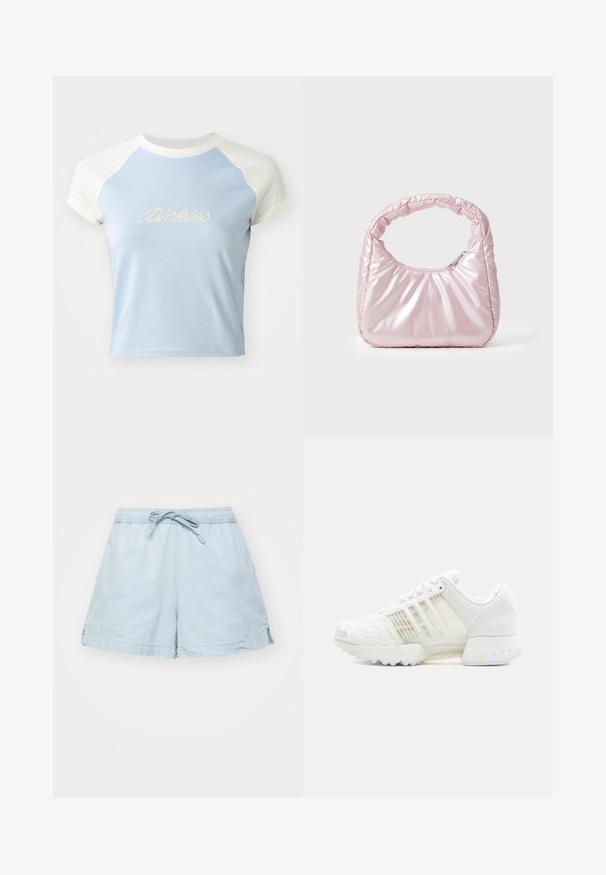 Lichtblauw cropped t-shirt met korte witte raglanmouwen. Heeft geborduurde "Dickies" tekst in een decoratieve stijl op de voorkant.; Lichtblauwe, lichte shorts met een elastische tailleband en trekkoord. Voorzien van zijzakken en een relaxte pasvorm, gemaakt van zachte stof.; Witte sportschoen met een gestructureerd mesh bovenwerk, doorschijnende zijpanelen en een stevige rubberen zool. Voorzien van een vetersluiting en een gevoerde kraag.; Roze, gevoerde handtas met een afgeronde vorm, gemaakt van glanzend materiaal. Beschikt over een geplooide handgreep en een ritssluiting voor veilige toegang.