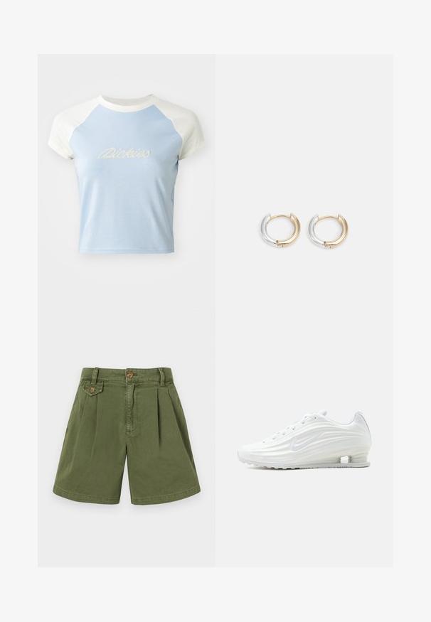 T-shirt bleu clair raccourci avec des manches raglan blanches courtes. Présente un texte "Dickies" brodé dans un style décoratif à l'avant.; Shorts en khaki en coton, présentant un design plissé, avec un bouton à la taille et des poches latérales. Texture lisse et coupe droite.; Chaussure de sport Nike blanche avec des motifs ondulés texturés et un coussin d'air visible dans la semelle, vue de côté sur un fond neutre.; Boucles d'oreilles créoles en or et en argent avec une finition métallique mélangée, présentant un design courbé lisse et une fermeture sans couture.