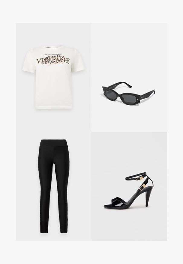 Witte T-shirt met korte mouwen met de tekst "MAKE YOUR DREAMS REAL" en grote tekst "VINTAGE" over een luipaardprintpatroon aan de voorkant.; Zwarte leggings van een gladde, rekbare stof, met een hoge tailleband en een aansluitend ontwerp. Bevat geen zichtbare patronen of accenten.; Zwart lakleren hoge hak sandaal met dubbele enkelbandjes en gouden gespen, open teen en slanke, taps toelopende hak op een neutrale achtergrond.; Zwarte cat-eye zonnebril met dikke monturen, grijze lenzen en kleine decoratieve metalen accenten. Glad plastic materiaal, hoekig ontwerp.