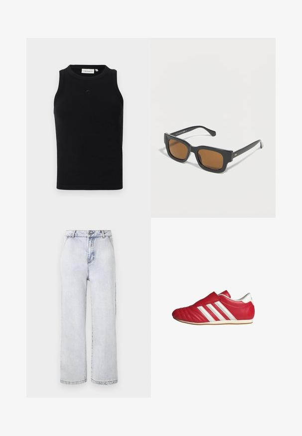 Sort ærmeløs tanktop lavet af ribbet stof, med rund halsudskæring og et lille logo på forsiden. Enkel, tætsiddende design.; Lyseblå denim bredbenede jeans med høj talje, med knaplukning, lige kant og minimal falming.; Røde lædersportssko med rund tå, tekstureret overdel, hvide sidestræks og Velcro-strap. Flad gummisål for godt greb.; Sorte rektangulære solbriller med tykke stel og brune tonede linser lagt fladt på en hvid overflade.