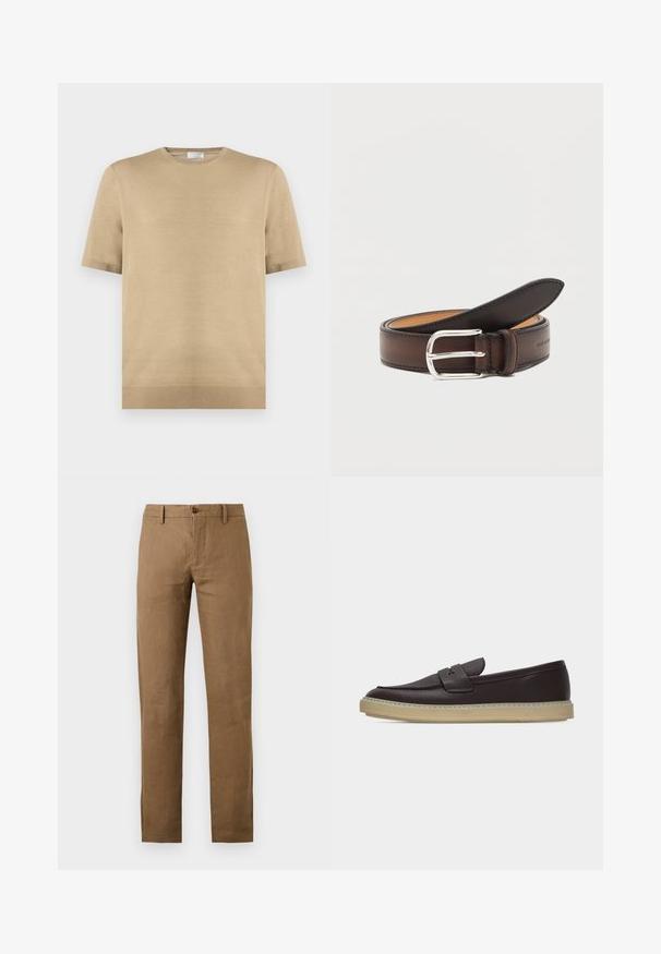 Pull en maille beige à manches courtes avec encolure ronde et ourlet côtelé, posé à plat sur fond blanc.; Pantalon marron à jambes droites avec passants de ceinture et fermeture boutonnée et zippée à l'avant sur fond uni.; Mocassin en cuir marron foncé avec semelle en caoutchouc beige et design à enfiler, présenté en profil latéral sur fond blanc.; Ceinture en cuir marron foncé roulée avec une boucle rectangulaire argentée sur fond blanc.