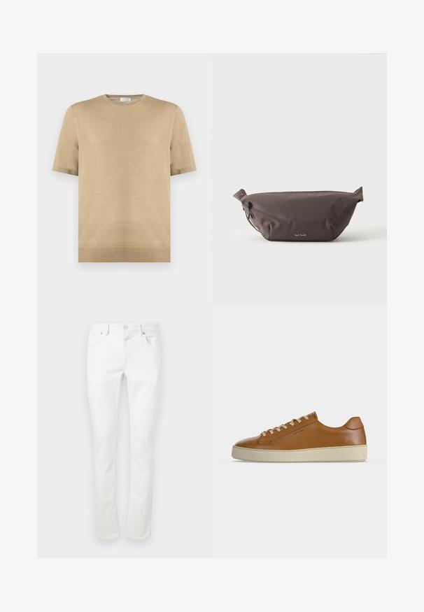 Pull en maille beige à manches courtes avec encolure ronde et ourlet côtelé, posé à plat sur fond blanc.; Jeans en denim blanc avec une coupe droite, un design à cinq poches et une fermeture à bouton en métal. Texture lisse et détails de couture minimaux.; Baskets basses en cuir marron avec lacets crème et semelle épaisse en caoutchouc crème, vues de profil sur fond blanc.; Sac banane en tissu marron foncé avec poche zippée en diagonale et petit logo blanc sur le devant, sur un fond clair uni.