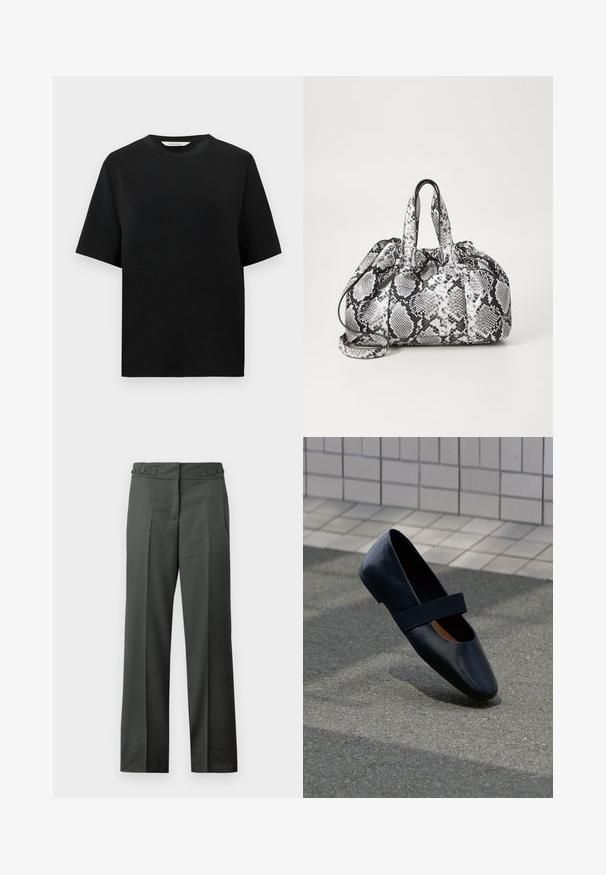 T-shirt noir à manches courtes et décolleté rond, avec une coupe décontractée, présenté sur un fond blanc uni.; Pantalon droit gris foncé avec plis à l’avant et taille ajustable avec boutons latéraux sur fond blanc.; Chaussure plate en cuir noir avec un bout arrondi, dotée d'une douce sangle élastique noire sur le cou-de-pied. Texture lisse et design minimaliste.; Sac à main en motif peau de serpent noir et blanc avec deux poignées, une fermeture à cordon et une bandoulière amovible. Texture lisse.
