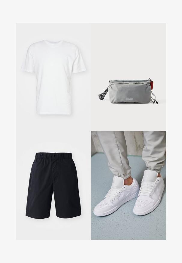 Witte katoenen T-shirt met korte mouwen, ronde halslijn en een gladde textuur. Eenvoudig ontwerp zonder patronen of afbeeldingen.; Zwarte shorts van lichtgewicht stof, met een rechte voorkant, een elastische tailleband en zijzakken. Eenvoudig ontwerp zonder patronen.; Witte leren sneakers met een geperforeerde neus, platte veters, een gepolsterde kraag en het Jordan-logo op de tong. Gediend met grijze joggers.; Grijze rechthoekige pouch met ritsen, zwart-wit touwhandvat aan één kant, en de tekst "ONLY & SONS" op de voorkant in het midden.