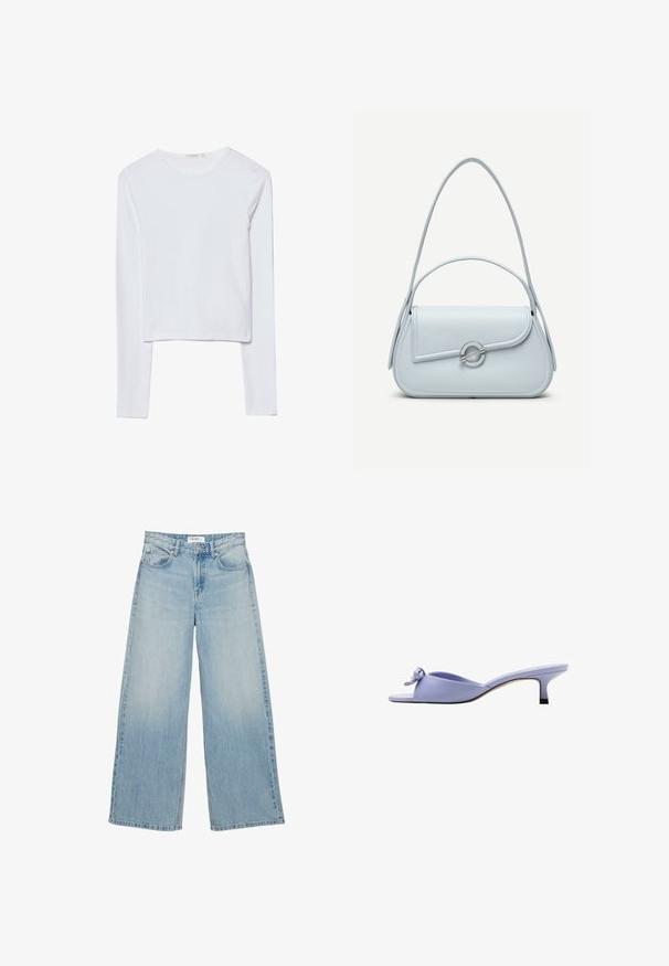 Haut court à manches longues blanc, en coton doux, avec un col rond et une coupe ajustée, comportant des coutures minimes et sans ornements.; Jeans bleu clair taille haute à jambes larges avec poches avant, fermeture par boutons et passants de ceinture sur fond blanc.; Mule lavande à bout ouvert avec petit talon et nœud décoratif sur la partie supérieure, vue de profil sur fond blanc.; Sac à main en cuir bleu clair avec rabat arrondi, fermoir circulaire argenté et deux bretelles d'épaule sur un fond uni.
