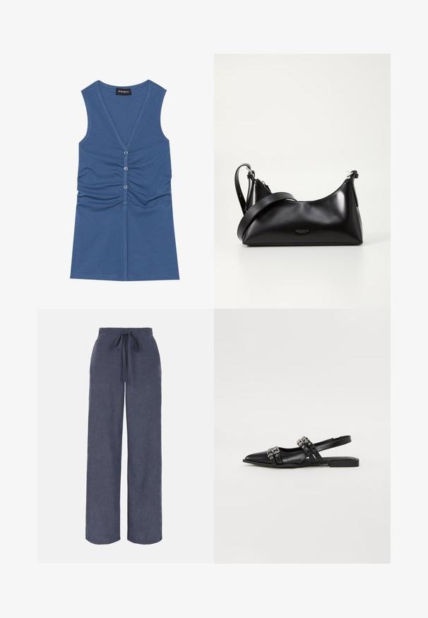 Top sans manches bleu en tissu doux, avec un col en V profond, fermeture à boutons et détail froncé à l'avant.; Pantalon bleu marine à jambes larges avec ceinture élastique et cordon à l'avant, en tissu doux et texturé.; Even&Odd by Zalando Ballerines à brides arrière - black; Sac à main en cuir noir avec une texture lisse. Dispose d'une bandoulière adjustable et d'un design élégant et minimaliste avec une fermeture éclair.