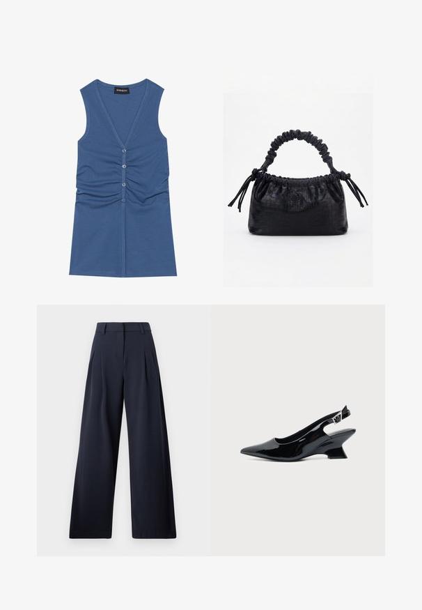 Top sans manches bleu en tissu doux, avec un col en V profond, fermeture à boutons et détail froncé à l'avant.; Pantalons larges navy avec une texture lisse, présentant des plis avant et une taille classique, conçu pour un ajustement décontracté.; Chaussure slingback en cuir verni noir avec bout pointu et petit talon bloc incliné sur fond clair uni.; Sac à main noir avec texture crocodile, bord supérieur froncé, poignée plissée et pompons à cordon de chaque côté sur fond blanc.