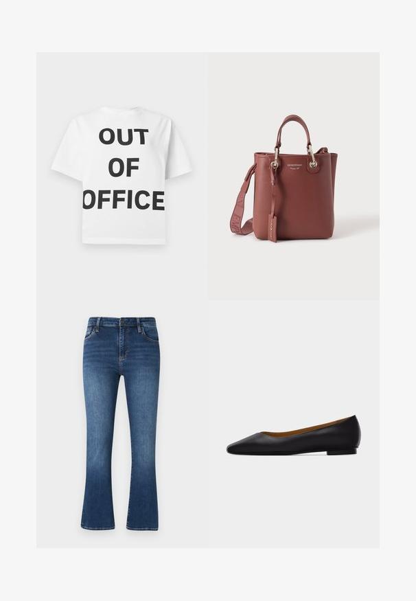 T-shirt blanc avec un texte noir en gras "OUT OF OFFICE" centré sur le devant, avec un col rond classique et des manches courtes.; Jean flare bleu foncé en denim, présentant un design classique à cinq poches, des passants de ceinture et des détails de décoloration subtils sur le tissu.; Chaussure plate en cuir noir à bout pointu avec talon bas et finition lisse, vue de côté sur un fond gris clair.; Sac à main en cuir marron avec anses supérieures, bandoulière amovible et quincaillerie argentée, marqué du texte « Emporio Armani ».