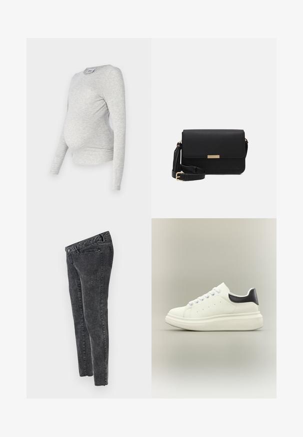 Grå langærmet graviditetstrøje med rund halsudskæring, lavet af blødt, strækbart stof, der har siden ruching for et tætsiddende look.; MAMALICIOUS Slim fit Mid waist Raw hems - Jeans Slim Fit - grey denim; Hvid lav-top sneaker med tyk sål, snørelukning foran og sort hælstrop på en neutral baggrund.; Sorte læder crossbody taske med flaplukning, guldfarvede Hardware, justerbar rem og tekstureret overflade. Kompakt rektangulær form.