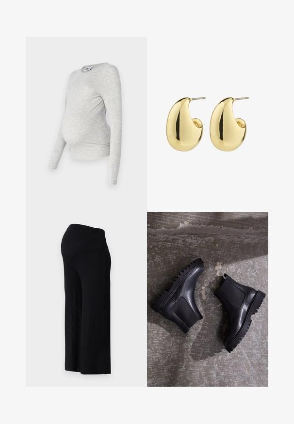 Grå langærmet graviditetstrøje med rund halsudskæring, lavet af blødt, strækbart stof, der har siden ruching for et tætsiddende look.; Sorte ribbede bredbenede bukser med høj talje. Stoffet er glat og strækbart, hvilket skaber en afslappet pasform hele vejen ned ad benene.; Sorte ankelstøvler med en kraftig sål, elastiske paneler og en glat læderfinish. Markant ribbet ydersål og slank silhuet.; Guldtonede studøreringe med en glat, poleret overflade i en abstrakt, tårnform. Simple metalpind til fastgørelse.