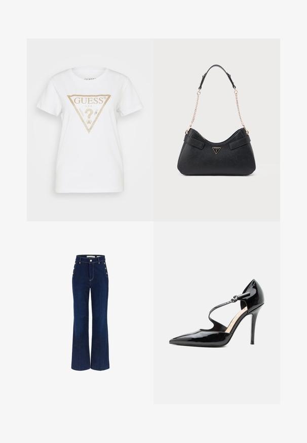Guess TRIANGLE - T-shirts print - pure white; Mørkeblå bredbenede jeans med høj talje, der har knapdetaljer på siderne og en glat denimtekstur.; Sort læderhøjhælet sko med spids tå og tynd ankelrem fastgjort med en lille spænde.; Sort håndtaske med struktureret finish, buet silhuet, dobbelt skulderrem af læder og kæde, med guldfarvet logoaccent.
