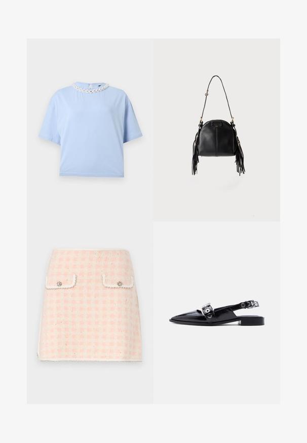 Top azul claro de manga corta con escote redondo, detallado con bordado floral blanco y pequeñas perlas, sobre fondo liso.; Minifalda de lana en un patrón de cuadros en rosa y crema, con dos bolsillos delanteros adornados con botones decorativos y un dobladillo con flecos.; Zapato plano puntiagudo de charol negro con doble correa de hebilla plateada y talón tipo slingback sobre fondo blanco.; Bolso de piel negra con forma curvada, correa larga ajustable y detalles de flecos en ambos lados sobre un fondo claro.