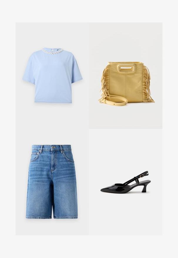 Haut bleu clair à manches courtes avec un col rond orné de broderies florales blanches et de petites perles, sur fond uni.; Shorts en denim bleu clair, à taille haute, avec une coupe large, cinq poches et des détails cousus le long des bords.; Chaussure slingback en cuir verni noir à petit talon, bout pointu et bride réglable avec boucle dorée sur fond blanc.; Sac à main en cuir jaune avec détails à franges sur les côtés, poignée découpée rectangulaire et bandoulière amovible placée à l'avant.