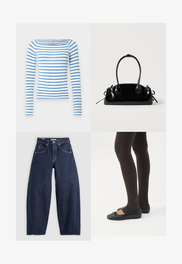Top met lange mouwen en een bootnek, met horizontale blauwe en witte strepen. Gemaakt van een zachte stof met een aansluitend ontwerp.; Donkerblauwe denim jeans met een losse fit, lichte stiksels, vijf zakken en een knoopsluiting op de taille.; Benen met donkere geribbelde leggings gecombineerd met zwarte ballerina's met kleine strikdetails op een witte achtergrond.; Kleine zwarte glanzende handtas met twee lange hengsels en zijkant trekkoord details op een effen lichte achtergrond.