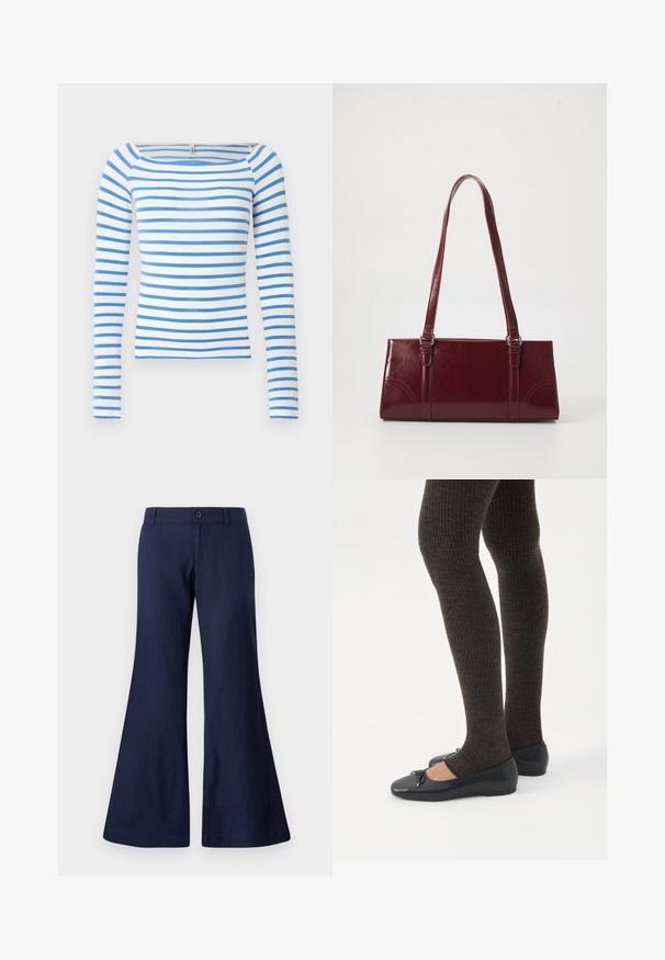 Top de manga larga con escote barco, con rayas horizontales azules y blancas. Hecho de un tejido suave con un diseño ceñido.; Pantalones acampanados azul marino hechos de algodón, con cierre de botón, presillas para cinturón y una textura suave con aberturas de pierna anchas.; Piernas con leggings oscuros acanalados combinados con bailarinas negras que presentan pequeños detalles de lazo sobre un fondo blanco.; Bolso burdeos hecho de material brillante, de forma rectangular, con dos asas para el hombro y sutiles acentos curvados en la parte frontal.