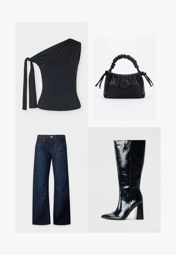 Zwarte one-shoulder top met een zij-uitgesneden stuk en een lange stoffen strik op de schouder, aansluitende stijl met rekbare stof.; Donkerblauwe jeans met wijde pijpen, knoop- en ritssluiting, voor- en achterzakken, riemlussen en contrasterend stiksel, plat neergelegd op een witte achtergrond.; Zwarte kniehoge laarzen van glanzend leer, met een puntige neus en een chunky geometrische hak met een zachte textuur.; Zwarte handtas met krokodillenstructuur, geplooide bovenrand, samengevoerde handgreep en koordtassels aan elke kant tegen een witte achtergrond.