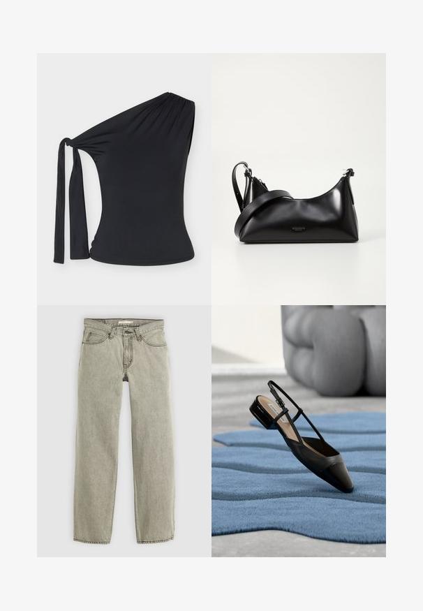 Sort top med enkelt skulderstrop, sideudskæring og lang stofbind på skulderen, tætsiddende stil med elastisk materiale.; Lys grå straight-leg jeans med frontlukkede knap og lynlås, bæltestropper og fem-lomme design.; Sort laklædersko med slingback og lav blokhæl, hvilende på et tekstureret blåt bølgemønster tæppe og gråt polstret møbel.; Sort læderhåndtaske med en glat tekstur. Har en justerbar stropp og et enkelt, minimalistisk design med lynlås.