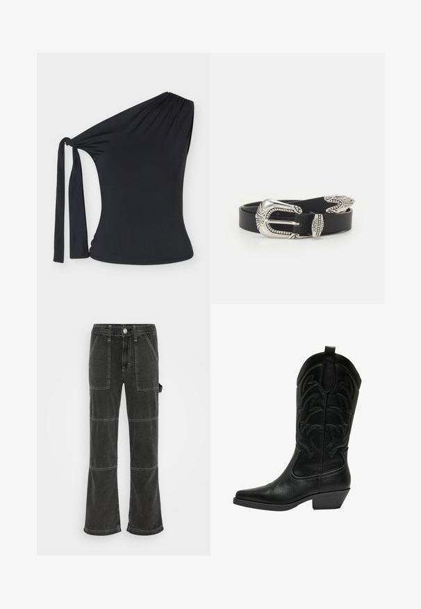 Sort top med enkelt skulderstrop, sideudskæring og lang stofbind på skulderen, tætsiddende stil med elastisk materiale.; BDG Urban Outfitters UTILITY SKATE - Jeans Relaxed Fit - washed black; Sort læder cowboy støvle med spids tå, stablet hæl og dekorativ syning på skaftet. Glat overflade med mat finish.; Sort læderbælte med en stor sølvmetalspænde, der har indviklede detaljer og dekorative accenter i begge ender.