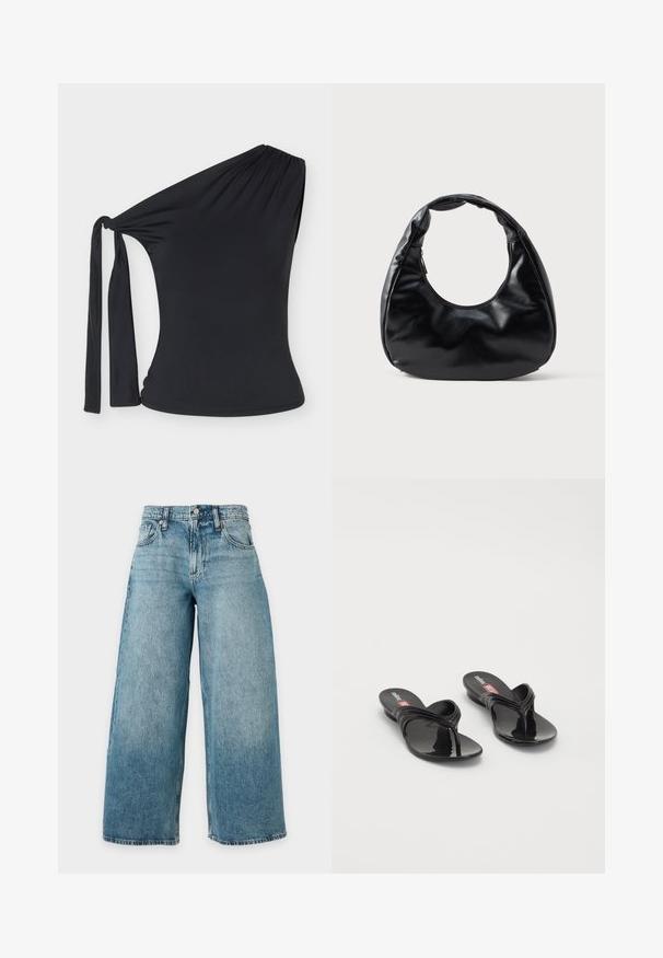 Zwarte one-shoulder top met een zij-uitgesneden stuk en een lange stoffen strik op de schouder, aansluitende stijl met rekbare stof.; Lichtblauwe, high-waisted spijkerbroek met een wijde pijp, vijf zakken, riemlussen en een knoopgulp, getoond tegen een effen achtergrond.; Melissa QUANTUM THONG X DIESEL - Teensandalen - black; Zwarte neplederen handtas met een unieke halve maanvorm, een brede, gevoerde handgreep en een ritssluiting. Glad, glanzend oppervlak, minimalistisch ontwerp.