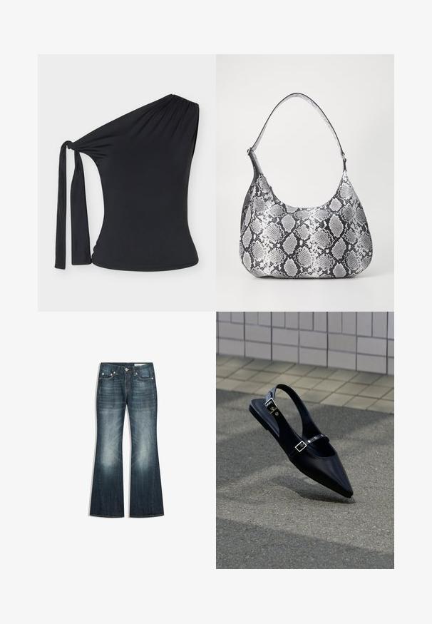 Zwarte one-shoulder top met een zij-uitgesneden stuk en een lange stoffen strik op de schouder, aansluitende stijl met rekbare stof.; Donkerblauwe bootcut jeans met vervaagde gebieden op de dijen en knieën, ontwerp met vijf zakken en metalen knoopsluiting.; Zwarte platte slingback met spits toelopende neus en dubbele gespsluitingen, rustend op grijs asfalt bij een achtergrond van betegelde muur.; Zwart-witte slangenprint schoudertas met een afgeronde vorm, een gladde textuur en een ronde strap. Voorzien van een zilveren hardwareaccent.