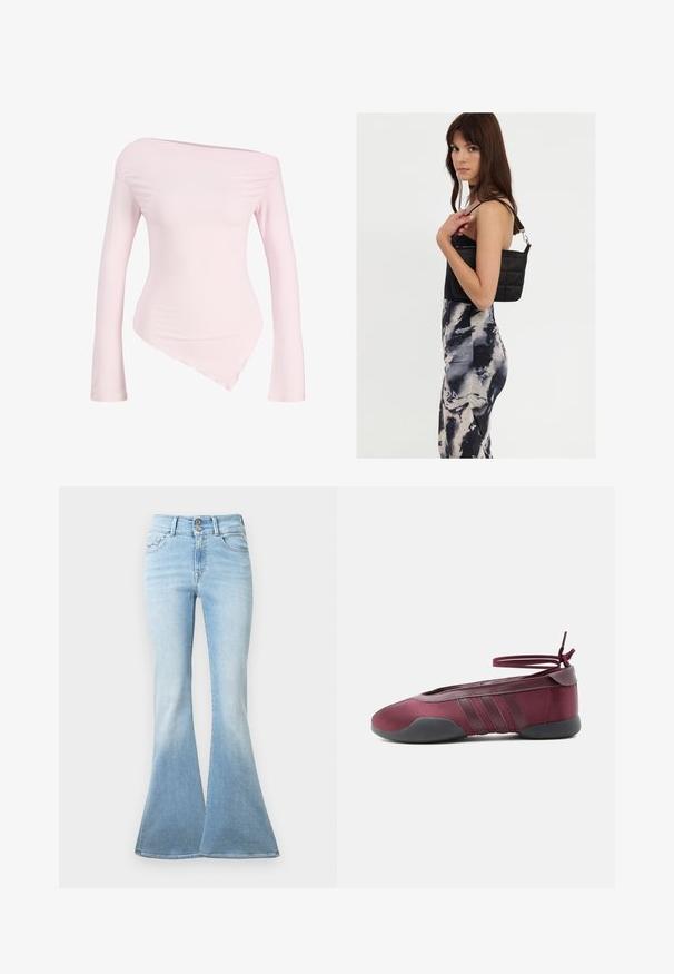 Lyserød langærmet off-shoulder top med asymmetrisk kant, tætsiddende silhuet og let rynkede skulderdetaljer.; Lyseblå flagrende jeans lavet af denim. Har høj talje med to knapper og let blegning mod kanten. Klassisk fem-lomme design.; Burgunderfarvet balletsko med sort sål, elastiske ankelstropper bundet i sløjfe og syninger på siderne, vist fra ydersiden.; Sort quiltet skuldertaske med en enkelt rem og sølvhardware, parret med en tætsiddende kjole med tie-dye mønster i nuancer af sort og creme.