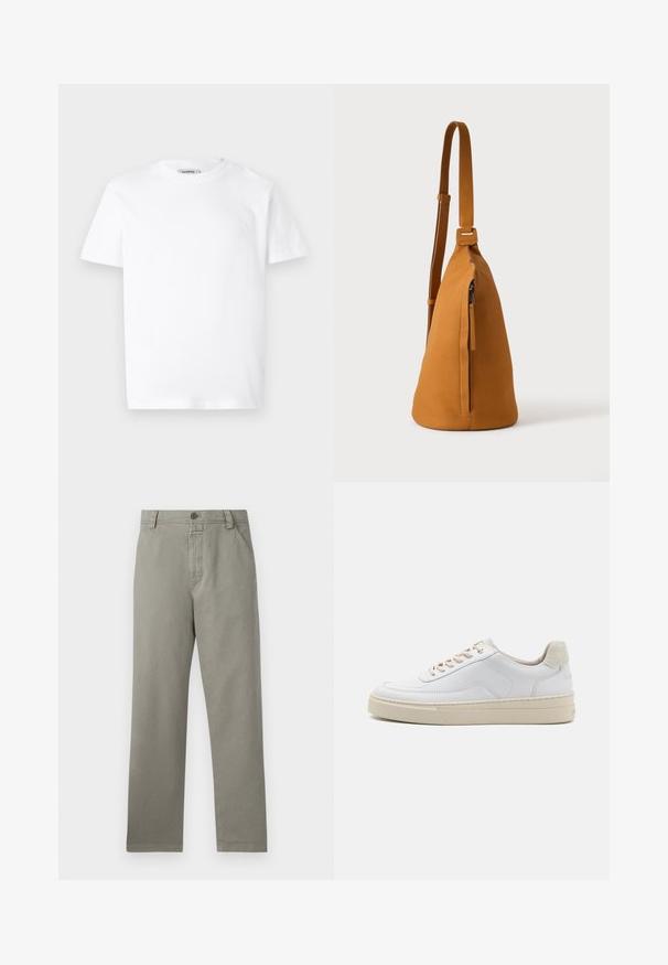 Witte katoenen t-shirt met een ronde hals en korte mouwen. Bevat een klein, reliëf logo op de linker borst. Soepele textuur.; Lichtgrijze broek van katoen, met een recht model, riemlussen en een enkele knoopsluiting bij de taille.; Witte sneaker met een gevoerd leren bovenwerk, beige veters en een gestructureerde beige suede hieltab. Verhoogde zool voor extra hoogte.; Lichtbruine leren schoudertas met verstelbare band en verticale ritszak, zijaanzicht tegen een effen lichte achtergrond.