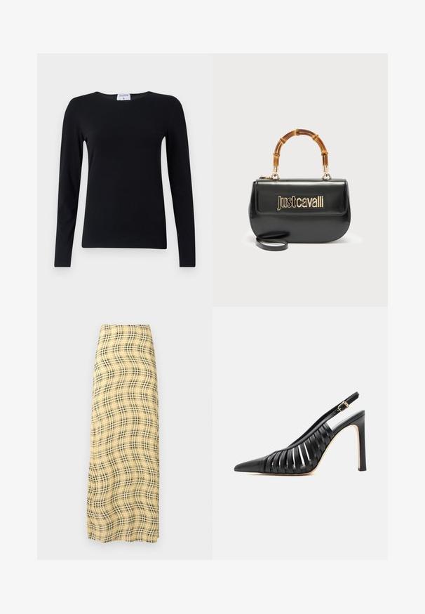 Langærmet sort skjorte lavet af blødt stof, med rund hals, lige skæring og minimale sømme for et rent udseende.; Rabanne Maxinederdele - green/yellow/cream; Sort højhælet slingback-sko med spids tå og udskårne læderremme med en guldbøjle på ankelremmen.; Sort læderhåndtaske med guld "Just Cavalli"-logo foran og buet bambushåndtag, med aftagelig lang rem.