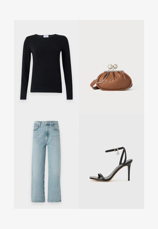 Chemise noire à manches longues en tissu doux, avec un col rond, une coupe droite et des coutures minimales pour une apparence épurée.; Jean droit bleu clair en denim, doté d'une taille haute, d'une fermeture à bouton à l'avant et d'une décoloration subtile sur le tissu.; Sandale à talon haut noire avec une bride étroite à la cheville, bout carré, cuir lisse et accent de boucle métallique.; Pochette en cuir marron avec un fermoir à boule en argent et un petit détail en chaîne argentée sur fond blanc.