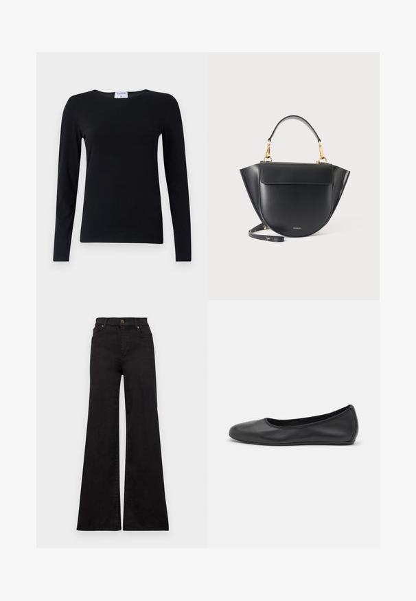 Chemise noire à manches longues en tissu doux, avec un col rond, une coupe droite et des coutures minimales pour une apparence épurée.; Jean flare noir en denim avec taille haute, présentant des poches avant et des garnitures métalliques sur le bouton et les rivets.; Ballerines en cuir noir avec un bout rond, texture lisse, détails de couture minimalistes et design de semelle flexible.; Sac à main en cuir noir avec base arrondie, côtés ailés, quincaillerie dorée, poignée courte et bandoulière longue amovible, sur fond clair uni.