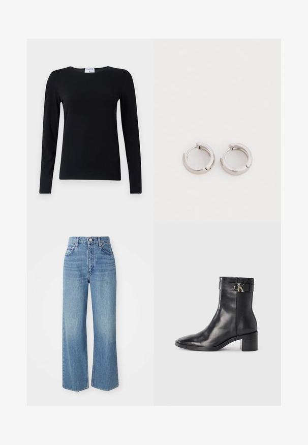 Chemise noire à manches longues en tissu doux, avec un col rond, une coupe droite et des coutures minimales pour une apparence épurée.; Jeans en denim bleu clair à taille haute, jambes larges et ourlet brut. Présente un design traditionnel à cinq poches et une fermeture à bouton argenté.; Botte de cheville en cuir noir avec un bout pointu, un talon carré et une sangle avec un détail de logo métallique. Texture lisse et design minimaliste.; Boucles d'oreilles en métal argenté en forme de cercle avec une finition polie. Chaque boucle d'oreille est équipée d'un fermoir à charnière pour un port sécurisé.