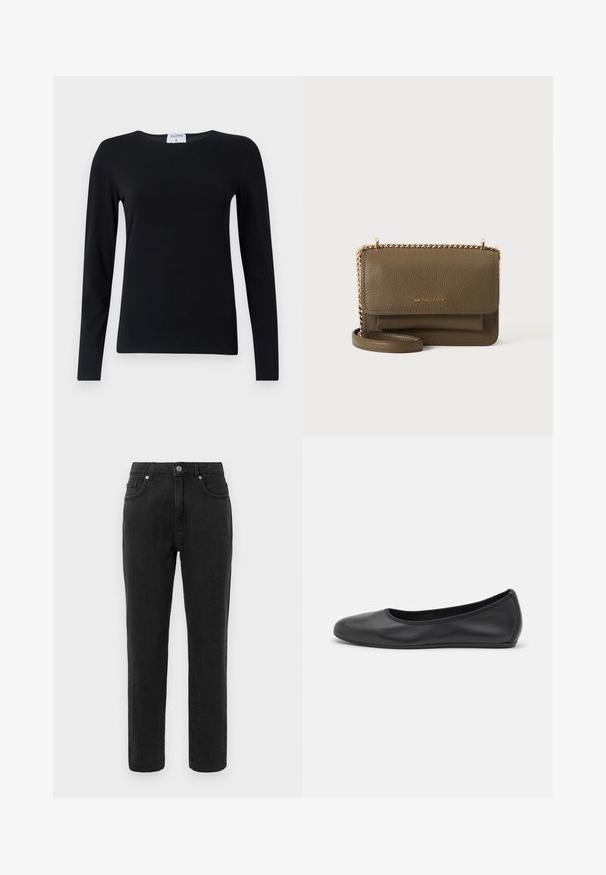 Langärmliges schwarzes Shirt aus weichem Stoff, mit Rundhalsausschnitt, geradem Schnitt und minimalen Nähten für ein sauberes Erscheinungsbild.; Schwarze Jeans aus Denim mit geradem Bein, klassischer fünf-Taschen-Design und Knopfverschluss. Enthält dezente Nähte.; Schwarze Leder-Ballettschuhe mit abgerundeter Spitze, glatter Textur, minimalen Nähdetails und einem flexiblen Sohlen-Design.; Olivgrüne Michael Kors Umhängetasche aus Leder mit Überschlagverschluss, goldener Kettenriemen und Fronttasche, auf weißem Hintergrund dargestellt.