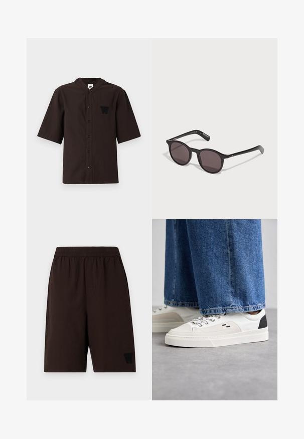 Chemise courte marron foncé avec col mandarin, fermeture par boutons et logo brodé sur la poche de poitrine gauche. En coton, texture partagée.; Shorts marron à taille élastique avec poches latérales, en tissu texturé, et un logo brodé noir sur la jambe gauche.; Baskets blanches et noires avec une tige en cuir lisse, des accents texturés et une semelle épaisse blanche. Présentent un design classique à lacets.; Lunettes de soleil noires et rondes avec des verres sombres, une monture en plastique lisse, et des branches élancées avec un détail de grip texturé.