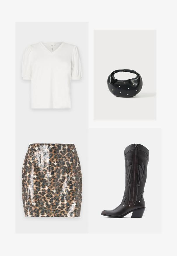Hvid V-hals t-shirt lavet af glat stof, med puffærmer og en lidt løs pasform. Simpelt design uden mønstre eller accenter.; Mini skirt med leopardprint der har en paillet-vævet tekstur, fitted design, brune og sorte farver samt en lige kant.; Brune læder cowboystøvler med flammebroderi, sidelukning med lynlås, sølvnitter, spids snude og lagdelt hæl.; Sort læderhåndtaske med en rundet form, dekoreret med sølvnitter, og et kort håndtag. Glat tekstur og lynlåslukning.