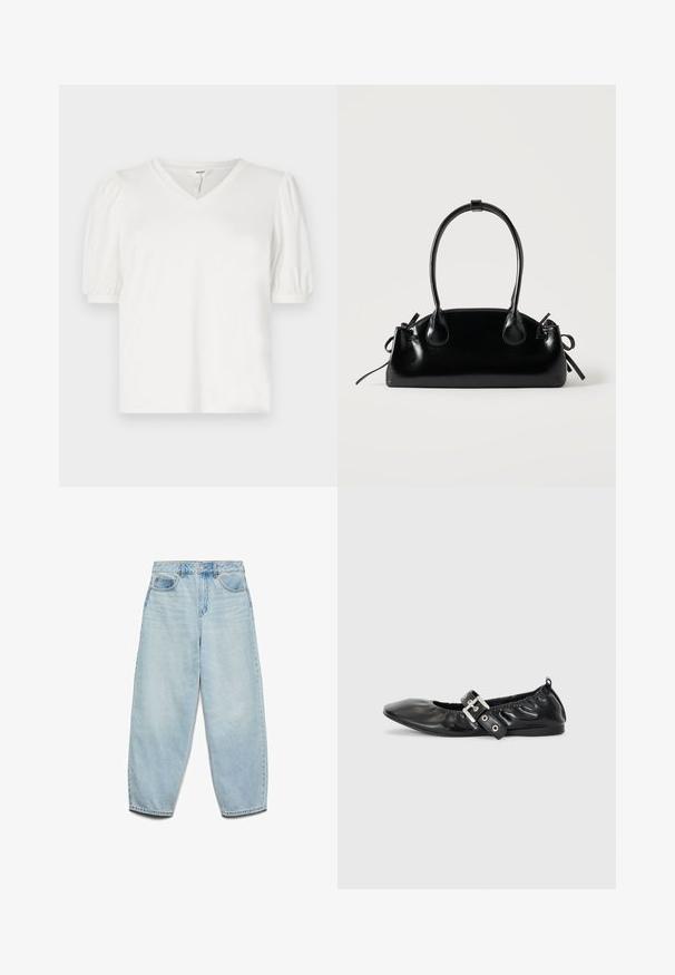 Valge V-kaelusega T-särk, mis on valmistatud sujuvast kangast, puffvarrukate ja veidi laia lõikega. Lihtne disain, ilma mustriteta või aktsentideta.; Heledad sinine denim naisest suits, millel on mugav lõige, kõrge talje ja laied jalad, kergelt kulunud tekstuuri ja klassikaline viie taskuga disain.; Must musta lamega, millel on terav nina, kokkukogutud detailid avause ümber ja hõbedane pandla aktsent reguleeritaval rihmal.; Väike must läikiv käekott kahe pika sangaga ja külgedel paelakinnitustega, ühel lihtsal helel taustal.