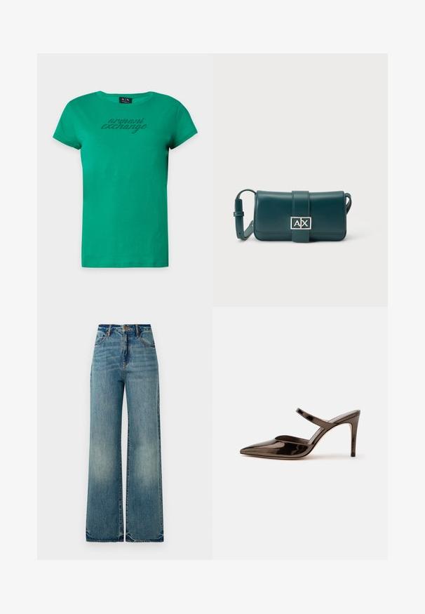 Roheline lühikeste varrukatega Armani Exchange T-särk ümmarguse kaelusega, millel on rinnal väikesed mustad täpid tekstiga "armani exchange".; Heledad sinine denim lai jalgadega teksad, millel on kõrge vöökoht, viis taskut ja kergelt kulunud servad, näidates tekstuuri ja pleekinud viimistlust.; Sädelevalt tumepruun terava ninaga kõrgete kontsadega sandaal, millel on kitsas rihm jalavõlvi üle, valgel ühevärvilisel taustal.; Tumeroheline nahast risti kehaga kott reguleeritava rihma ja hõbedase pannalaga, millel on "AX" logo esiklapil.