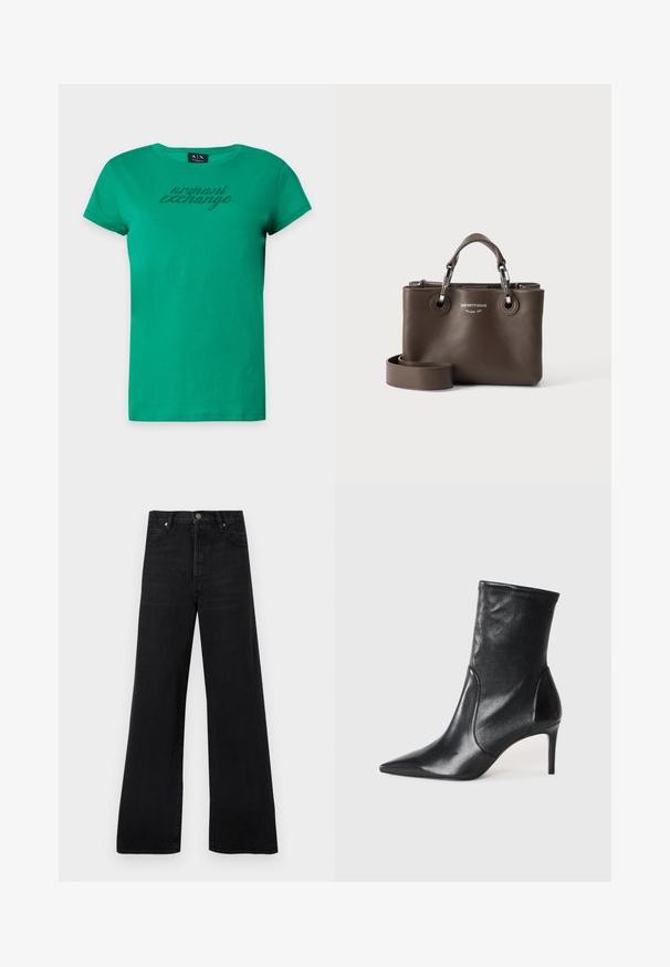 T-shirt vert à manches courtes Armani Exchange avec encolure ronde et texte "armani exchange" en petits points noirs sur la poitrine.; Jean noir à jambes larges en denim, avec une taille haute, un design à cinq poches et une fermeture par bouton, présentant une texture légèrement délavée.; Bottes noires à la cheville en cuir lisse, dotées d'un bout pointu, d'un tige ajustée et d'un talon haut fin. Design minimaliste sans quincaillerie visible.; Sac à main en cuir marron foncé avec des poignées courtes, une bandoulière amovible et le logo argenté Emporio Armani Milano 1981 sur le devant.