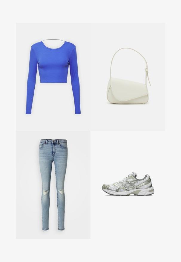 Top corto de manga larga en brillante tela acanalada azul. Cuenta con un cuello redondo y una silueta ajustada con textura suave.; Jeans ajustados de color azul claro hechos de denim con un diseño desgastado, que presentan desgarros en las rodillas y bordes deshilachados. Estilo clásico de cinco bolsillos.; Zapatilla de correr blanca con parte superior de malla, acentos metálicos plateados, capuchón de talón gris y suela de goma. Presenta un diseño texturizado y cordones.; Bolso de mano de imitación cuero blanco con una forma triangular estructurada, correa ajustable única y cierre con solapa acentuada en curva.