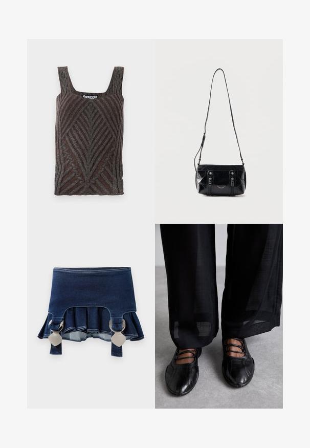 Bruine gebreide tanktop met een gestructureerd chevronpatroon, brede bandjes en een ronde halslijn. Het materiaal lijkt zacht en warm te zijn.; Jeansrok met een uitlopende onderkant. Voorzien van twee verstelbare grijze sluitingen, donkerblauwe kleur en contrasterende stiksels langs de zoom.; MIISTA AVERIE - Ballerina's met enkelbandjes - black; Zwarte leren schoudertas met verstelbare riem, twee verticale ritsen aan de voorkant en een klein metalen vleugelembleem onder de ritsen.