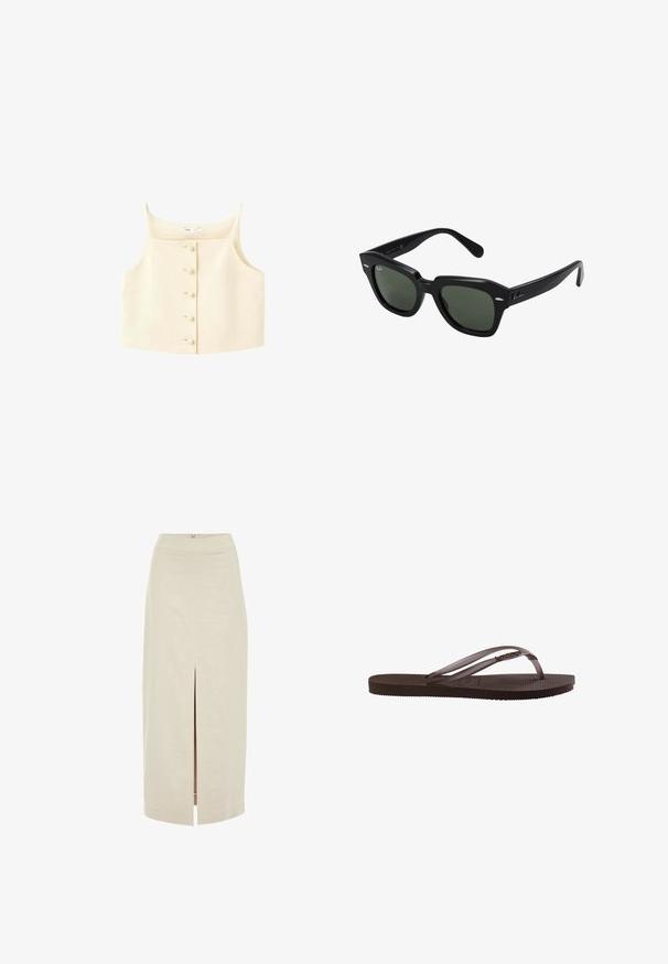 Beige cropped tanktop met een vierkante halslijn, dunne schouderbandjes en vijf geknoopte knoopsluitingen aan de voorkant.; Lichtbeige midi-jurk met een rechte snit en een centrale voorknip. Gemaakt van een gladde stof met een verborgen rits aan de achterkant.; Bruine rubberen teenslipper met een gestructureerde zool en dunne bandjes met een klein decoratief metalen detail aan de zijkant.; Zwarte vierkante zonnebril met donker groene lenzen, uitgerust met gedurfde monturen en zilveren accenten aan de zijkanten. Gemaakt in Italië.